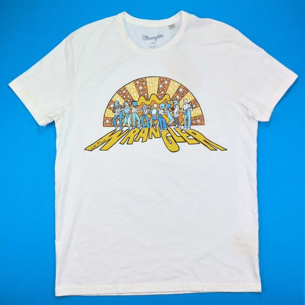 New Luke McLean WRANGLER 1947 Retro 70s Print T-Shirt White Men's Size XL